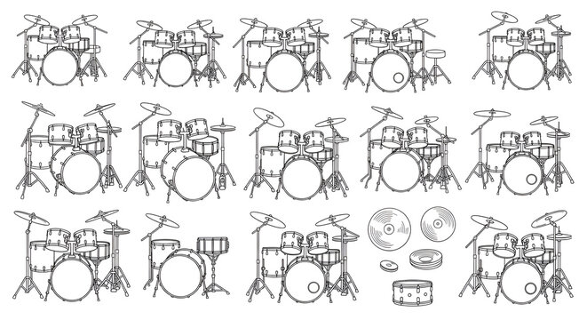 Line Art Drum Kit and Percussion Set Collection on White Background