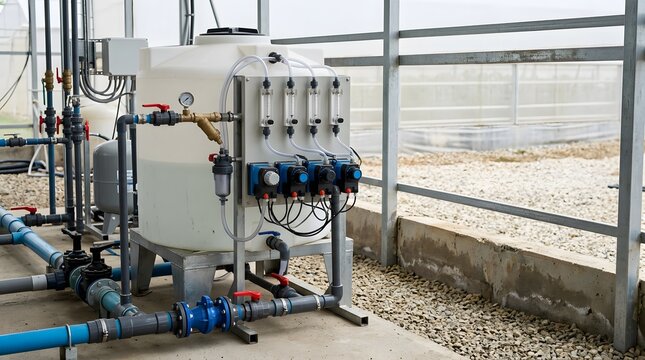precision fertigation mixing tank with automated nutrient dosing equipment installed beside commercial greenhouse irrigation system