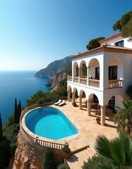 Obraz premium Luxury villa with pool overlooks blue ocean. White building has arched balconies, stone terrace. Green mountains rise behind coastal estate. Sunny summer day.