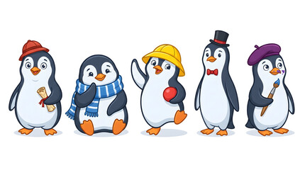Obraz premium Cute Cartoon Penguin Characters Pack with Different Costumes Vector Illustration