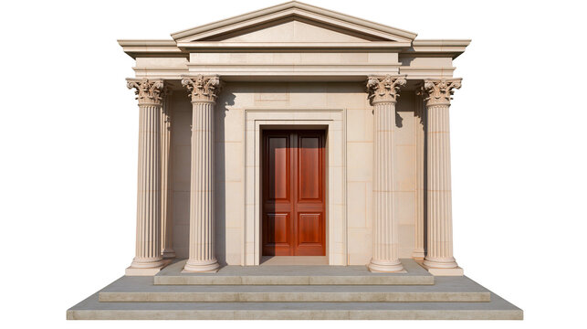 Classical stone building facade with columns and wooden door