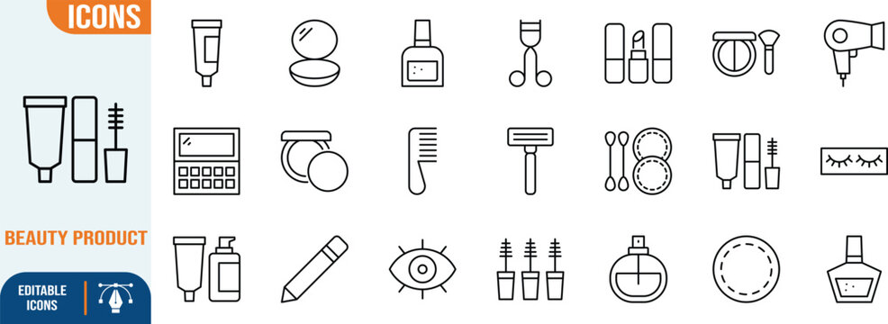 Beauty makeup cosmetic product icons. lipstick icon set, mascara icon set, perfume icon set