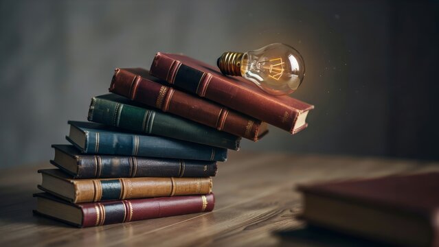 Stack of vintage leather bound books with a glowing lit lightbulb resting on top in a dim moody room, conceptual still life symbolizing bright ideas, inspiration and knowledge gained via reading time