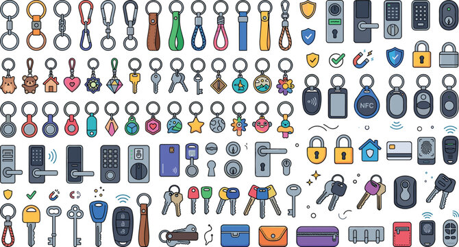 Keychain and door lock vector set featuring isolated cartoon icons of metallic keys smart locks padlocks fobs and security tags on white background