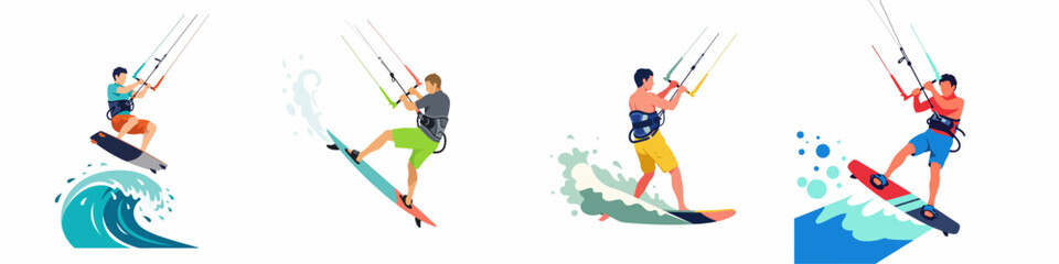 Set of four flat vector illustrations featuring kitesurfers performing various jumps and maneuvers on ocean waves against a white background. © Abu