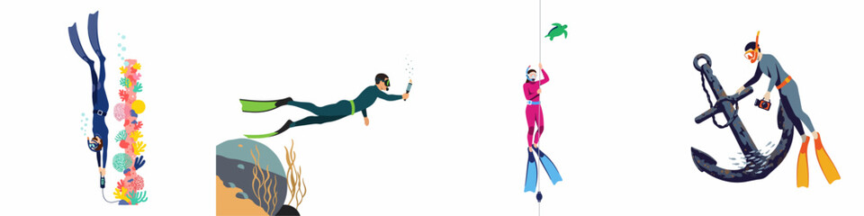 Flat Illustration Set of Divers Exploring Marine Life, Coral Reefs, and Shipwrecks in Various Underwater Diving Activities and Scenarios © Abu