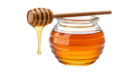 Glass jar filled with golden honey and wooden dipper with dripping honey © Isolde
