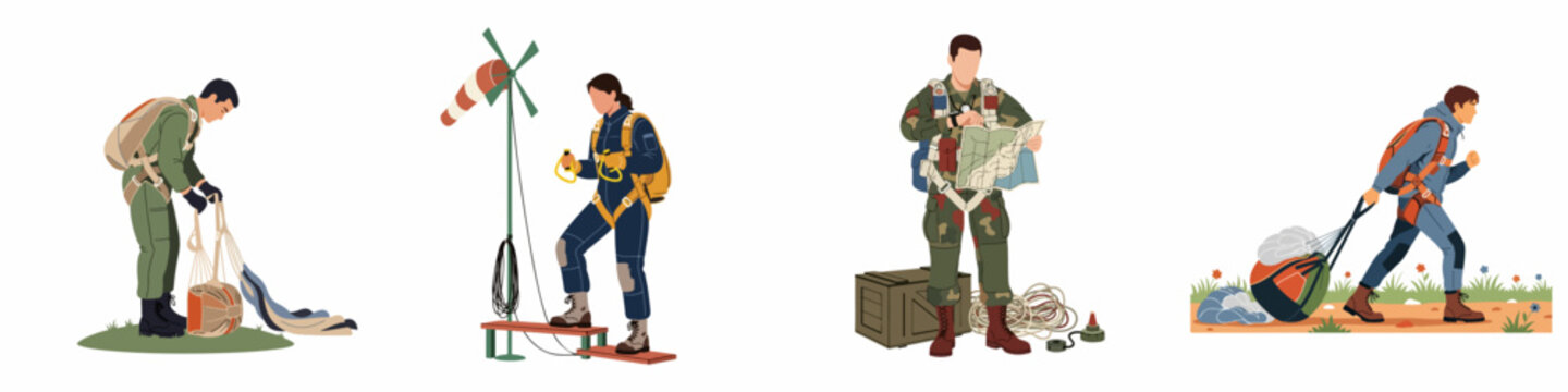 Flat vector illustrations depicting skydivers and paratroopers preparing gear, measuring wind, navigating with maps, and walking with chutes after landing.