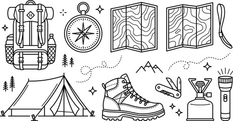 Outdoor camping and hiking adventure equipment line art vector set with backpack tent compass map boot and stove © vector design 