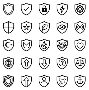 Security and protection shield icons set. Minimalist bold line style with uniform thick black stroke. Safety, guard, and defense symbols isolated on a white background.