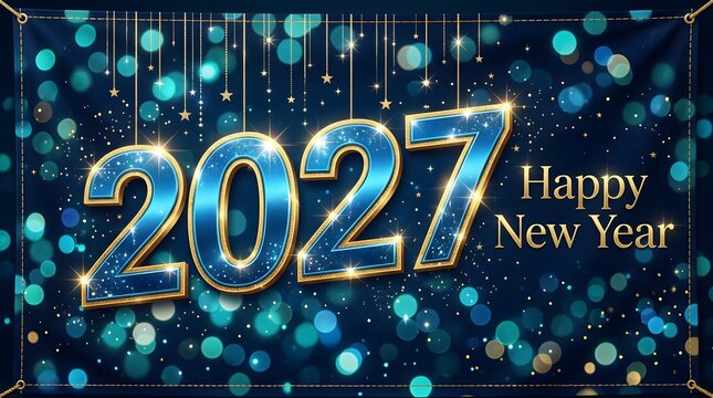 Festive 2027 new year banner with sparkling lights and gold accents for celebrations