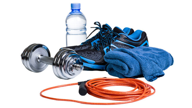Dumbbell running shoes water bottle towel, and jump rope for fitness