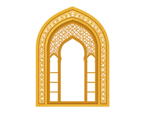 Golden ornate arched window, intricate Islamic geometric patterns, decorative architectural element, detailed arabesque carvings