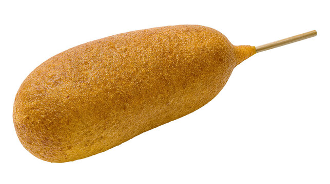 Golden brown corn dog on a wooden stick