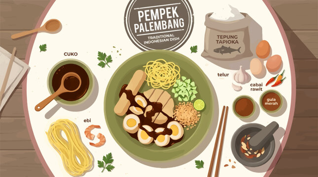 Flat Vector Illustration of Pempek Palembang Ingredients and Sauce, Culinary Flat Lay Composition on White Background, Food Preparation Graphic Resources