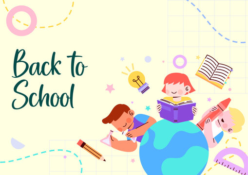 Modern back to school background for website banners and social media. Student education learning poster, stationery supply element, classroom study book, and knowledge vector illustration.