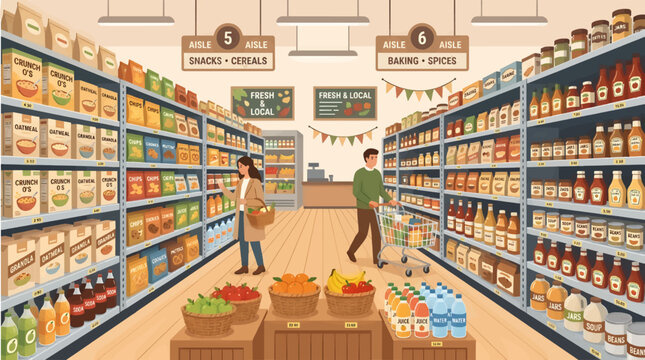Grocery Store Aisle with Shoppers and Fully Stocked Shelves, Flat Vector Illustration of Supermarket Interior with Food Products, Snacks, and Produce, People Shopping with Cart and Basket