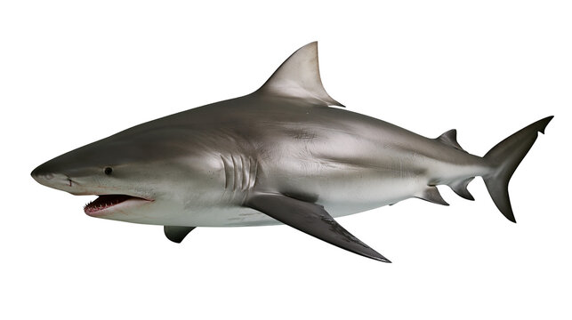 Gray shark with open mouth and sharp teeth swimming