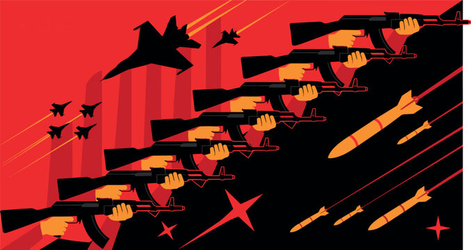 Military war propaganda vector illustration with rifle guns fighter jets missiles and stars on red and black background