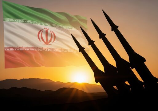 Silhouette of missiles against the sunset and the flag of iran