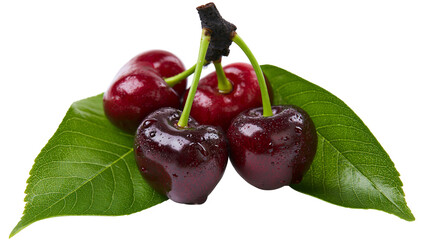 Fresh dark red cherries with water drops and green leaves © Elvin
