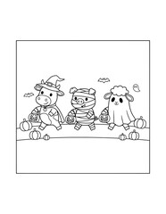 Fototapeta premium Cute Halloween Cow Coloring Page for Kids. Simple Cartoon Cow Outline Illustration for Children.