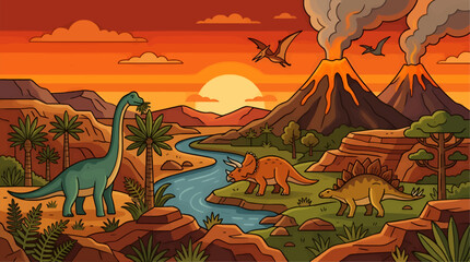 Prehistoric Landscape Vector Illustration with Stylized Dinosaurs, Active Volcanoes and Tropical Jungle, Brachiosaurus Triceratops and Stegosaurus in Jurassic Nature Scene at Sunset, Flat Design Style © Budistudio