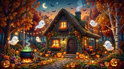 Fototapeta premium Magical halloween cottage in an autumn forest with ghosts and pumpkins