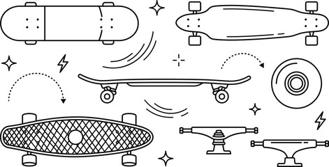 Skateboard and longboard line icons set featuring penny board deck side view wheel trucks and street skating elements © vector design 