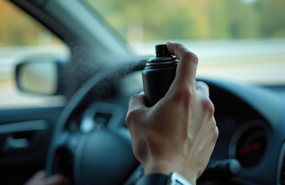Hand holds pepper spray can inside car. Person prepares for self defense, sprays deterrent for personal safety. Threat prevention during travel, emergency preparedness, auto security.