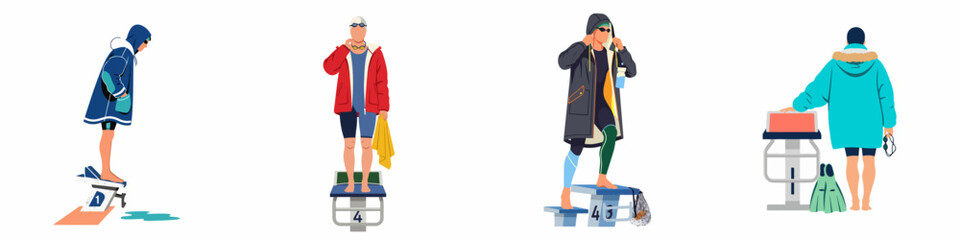 Flat illustration set of diverse swimmers in parkas standing on starting blocks at a swimming pool, ready for competition or training. © Abu