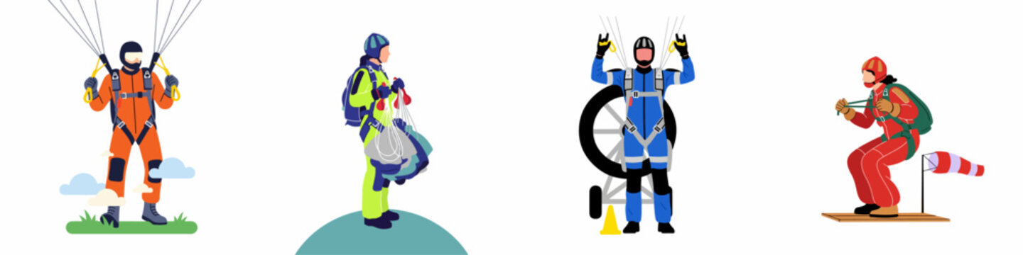 Flat vector illustrations of skydivers and paragliders in various jumpsuits, showing scenes of landing, packing parachutes, and skysurfing against a white background.