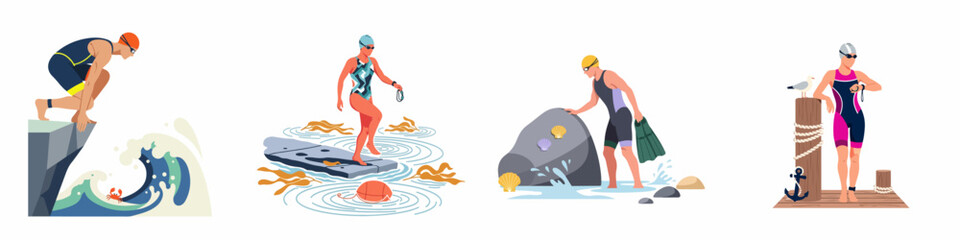 Collection of vector illustrations featuring swimmers and triathletes engaged in various coastal activities such as diving, ocean swimming, and preparing for water sports. © Abu