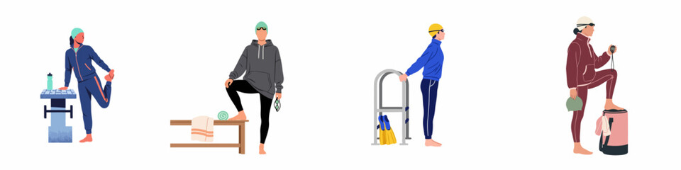 Flat illustration set of diverse swimmers in tracksuits preparing for pool training with equipment like starting blocks, goggles, and towels. © Abu