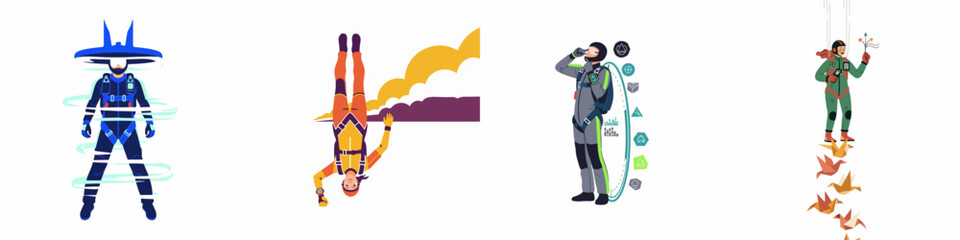 Collection of stylized illustrations showing skydivers in various flight poses with futuristic and creative elements, set against a white background. © Abu