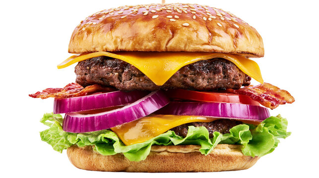 Double cheeseburger with bacon lettuce tomato, and red onion