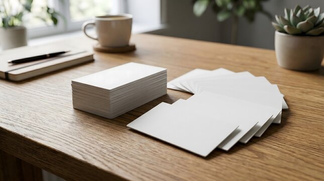 Stack of blank white business cards and envelopes on wooden desk