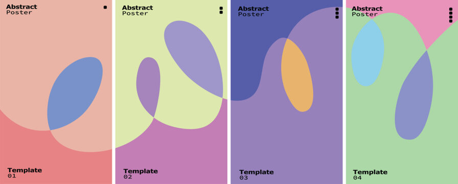 Modern abstract poster templates featuring layered shapes and bold colorful compositions suitable for contemporary design systems and creative print publications.