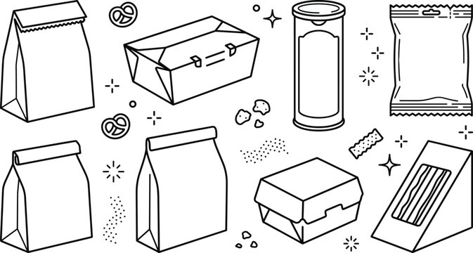 Takeaway food packaging outline icons set with paper lunch bags boxes chip snacks cylinder tube and sandwich holder