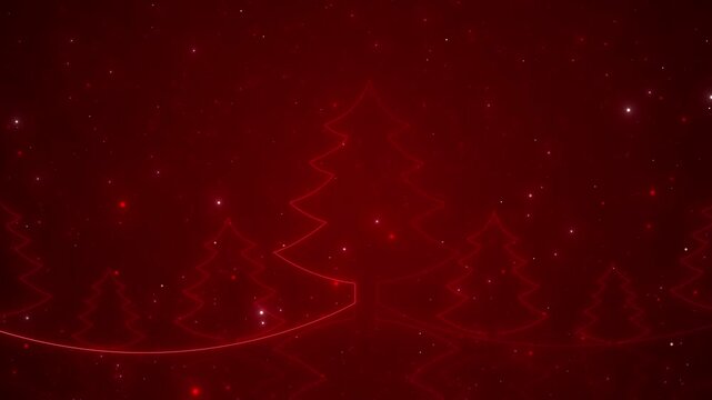 Red Christmas tree snow glowing pine outlines, soft falling particles, and festive holiday atmosphere. greeting videos, winter intros, seasonal promos, celebration cards, event invitations, and merry
