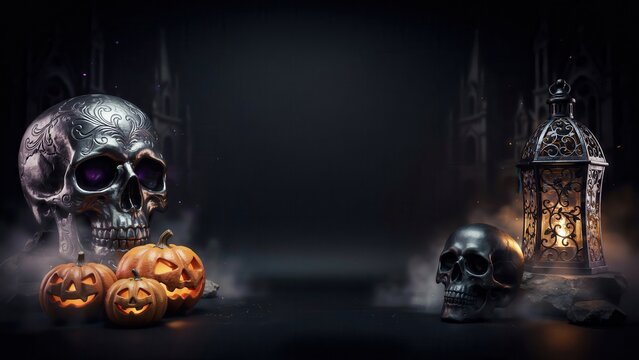 Gothic Halloween scene featuring ornate and simple skulls alongside three glowing carved pumpkins and an antique lantern