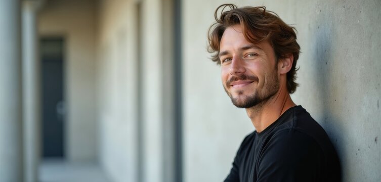 Young man with brown hair leans against concrete wall outside. Caucasian guy wears black t-shirt, smiles at camera. Attractive male model beard, happy face expression. Person stands in urban