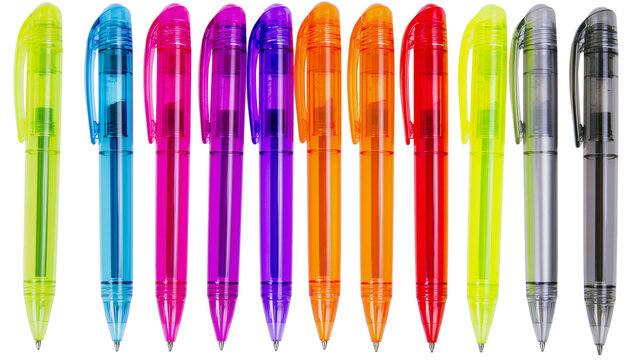 Collection of colorful plastic pens in a row