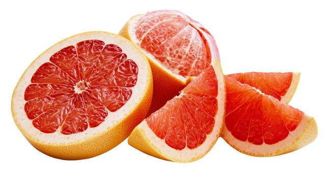 Grapefruit halves and wedges with juicy pink flesh and textured rind