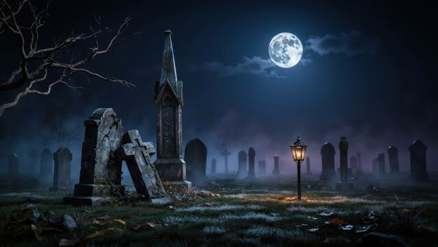 Eerie moonlit graveyard scene showcasing ancient crumbling tombstones, a haunting full moon, and a solitary lamppost
