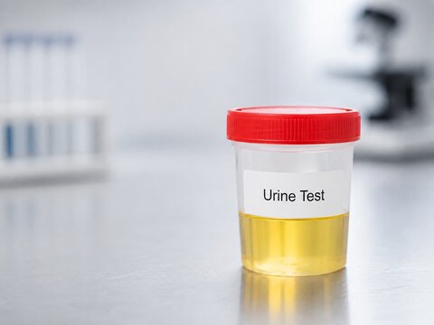 Urine test sample cup with label on laboratory