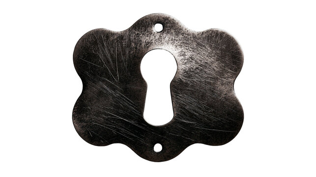 Ornate metal keyhole escutcheon plate with scratches