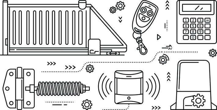 Automatic gate system vector icon set including sliding door remote controller keypad motor sensor hinge outline illustrations