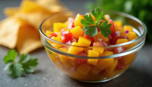 Fresh mango salsa with red onion tomato and cilantro served in glass bowl with tortilla chips on side. Healthy tropical snack for summer party.