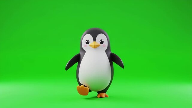 Cute animated penguin walking in sequence on green screen chroma key background